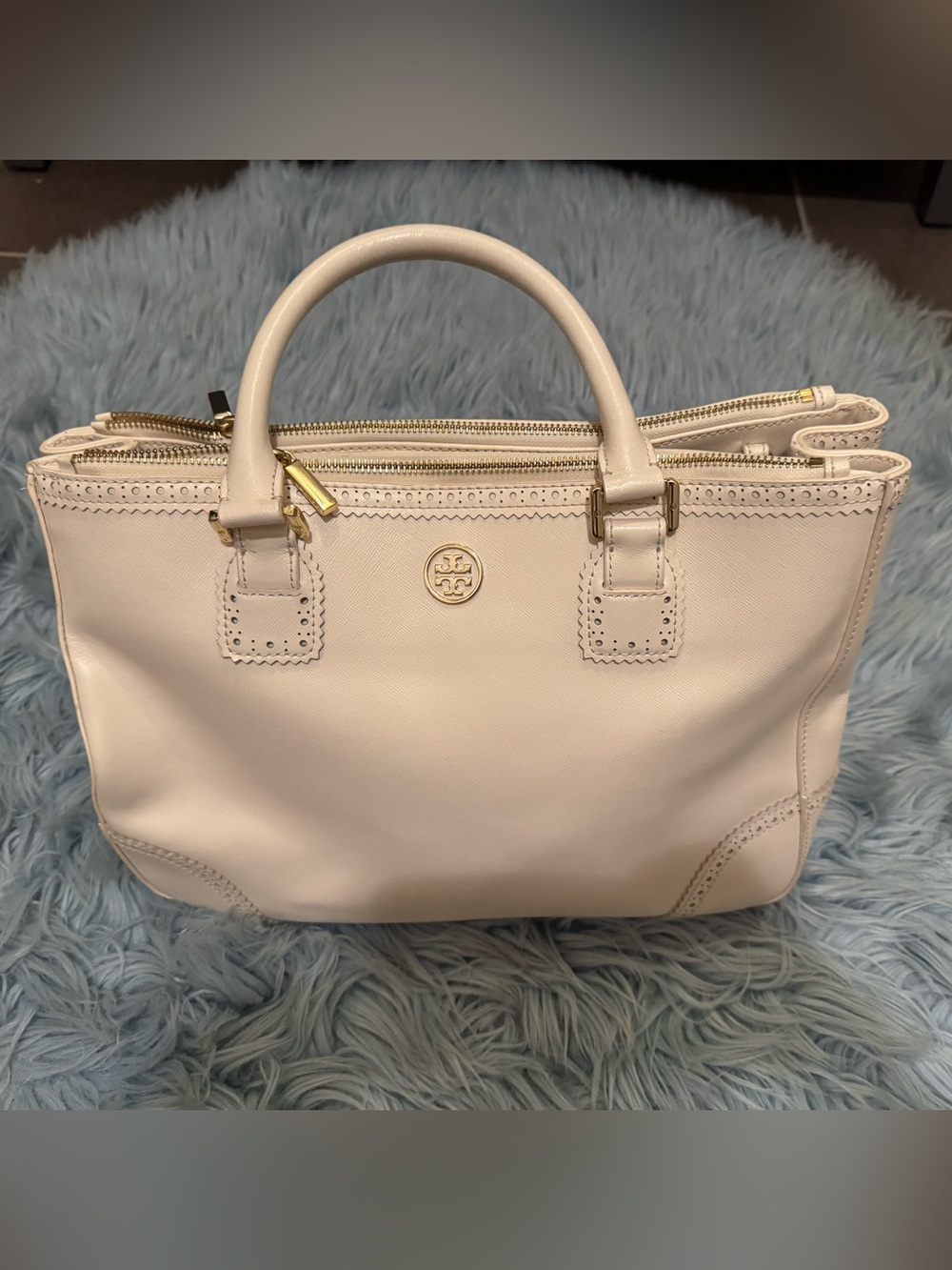 Cream Leather Satchel Handbag - Tory Burch Inspired